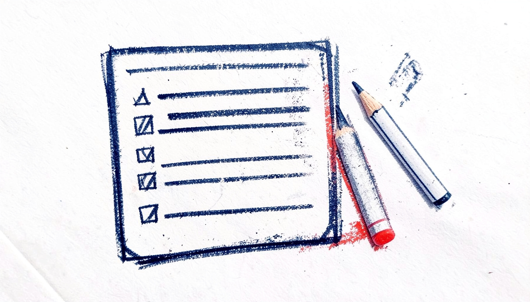 Charcoal line drawing of a simple checklist and a pencil, rendered in dark navy and white, tidy and methodical mood