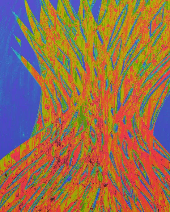 Abstract image of jagged flame-like shapes in yellow, red, and green against a blue background, vivid and energetic mood